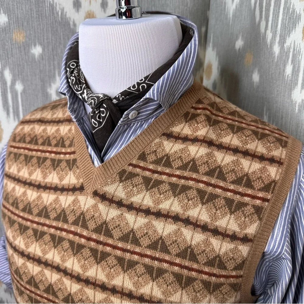 Ralph Lauren Purple Label Tan Multi Fair isle  Geometric V-Neck Sweater Vest